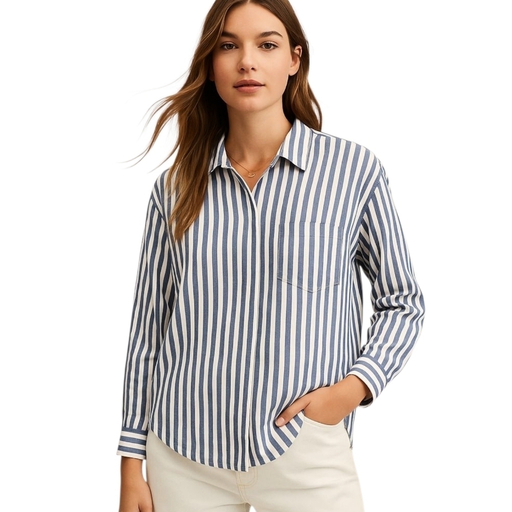 ZARA Blue White Striped Cotton Blouse Tie Back Size M Parisian Chic Officewear